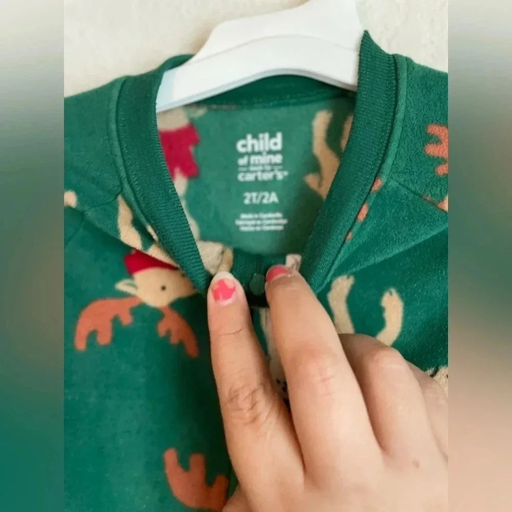 Child of mine by Carters unisex fleece footie green with reindeer pajama size 2T